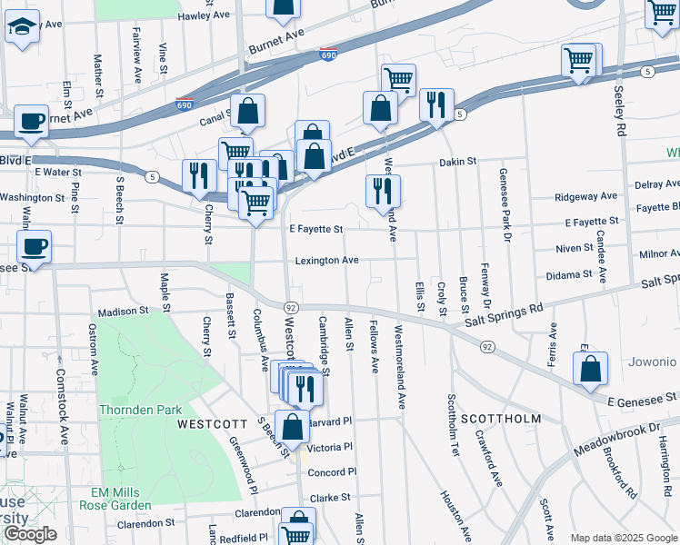 map of restaurants, bars, coffee shops, grocery stores, and more near 326 Lexington Avenue in Syracuse