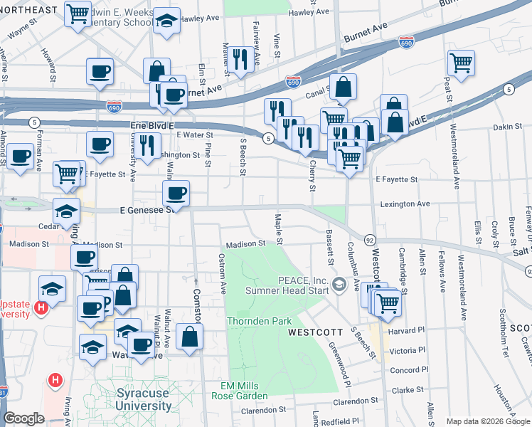 map of restaurants, bars, coffee shops, grocery stores, and more near 1530 East Genesee Street in Syracuse