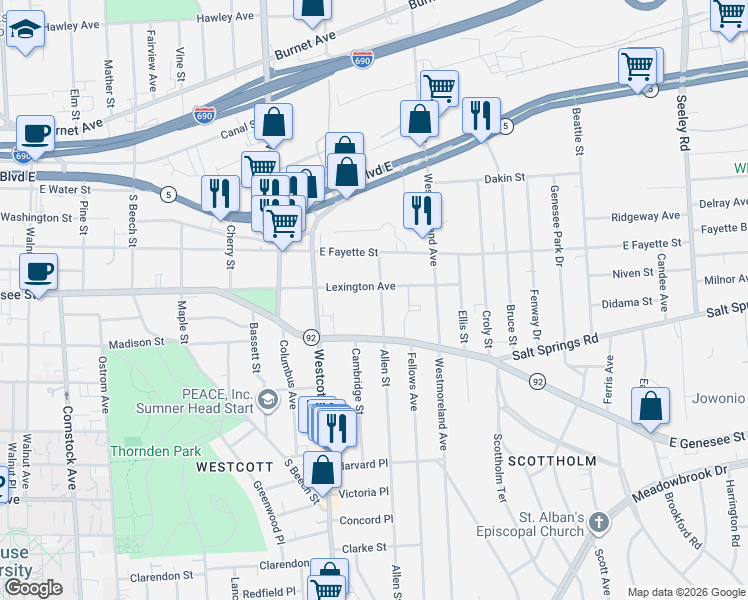 map of restaurants, bars, coffee shops, grocery stores, and more near 312 Allen Street in Syracuse