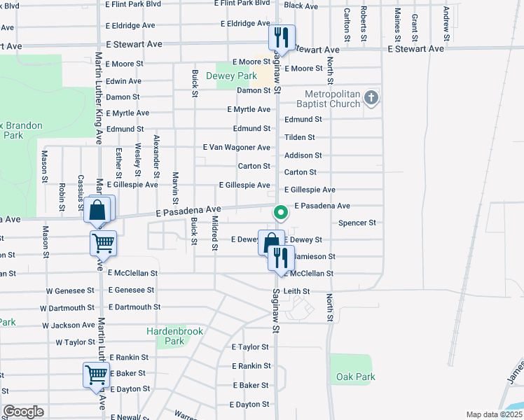 map of restaurants, bars, coffee shops, grocery stores, and more near 638 East Pasadena Avenue in Flint