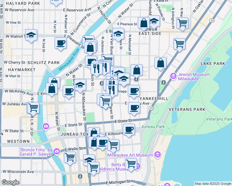 map of restaurants, bars, coffee shops, grocery stores, and more near 719 East Knapp Street in Milwaukee