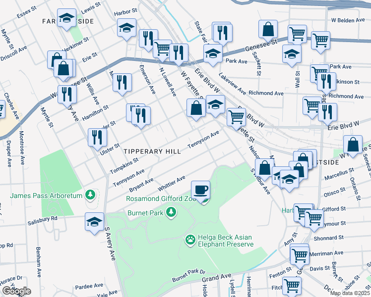 map of restaurants, bars, coffee shops, grocery stores, and more near 250 Tennyson Avenue in Syracuse