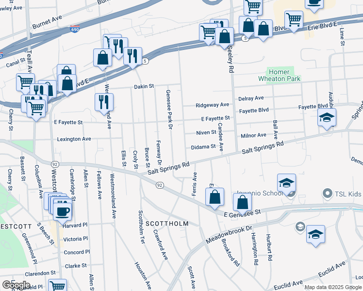 map of restaurants, bars, coffee shops, grocery stores, and more near 516-18 Beattie Street in Syracuse