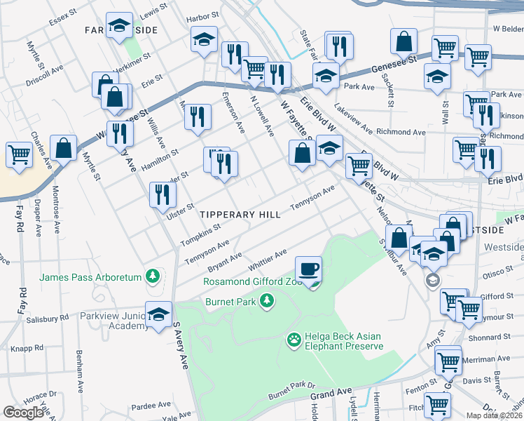 map of restaurants, bars, coffee shops, grocery stores, and more near 405 Tompkins Street in Syracuse