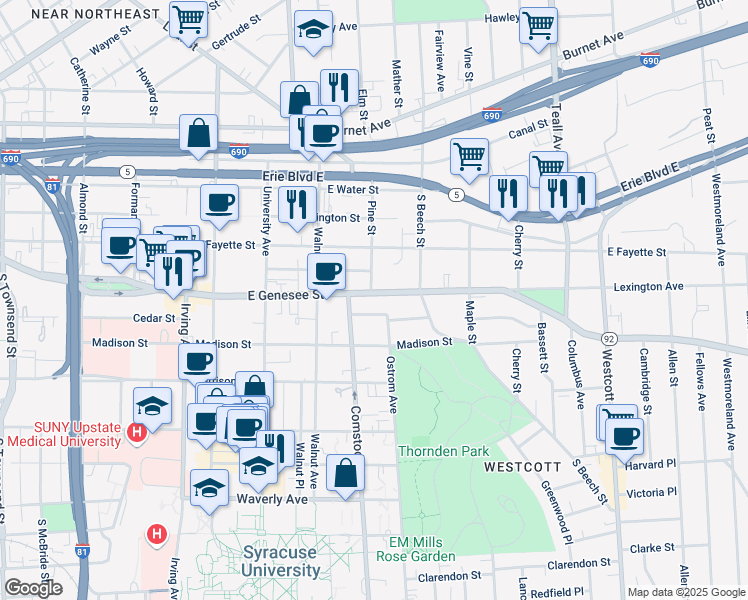 map of restaurants, bars, coffee shops, grocery stores, and more near in Syracuse