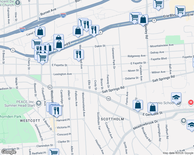 map of restaurants, bars, coffee shops, grocery stores, and more near 338 Bruce Street in Syracuse