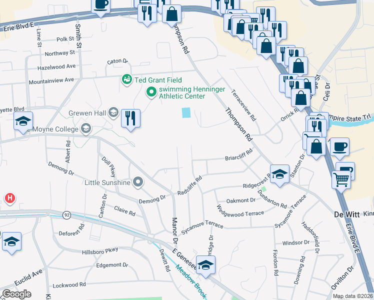 map of restaurants, bars, coffee shops, grocery stores, and more near 409 Revere Rd in Syracuse