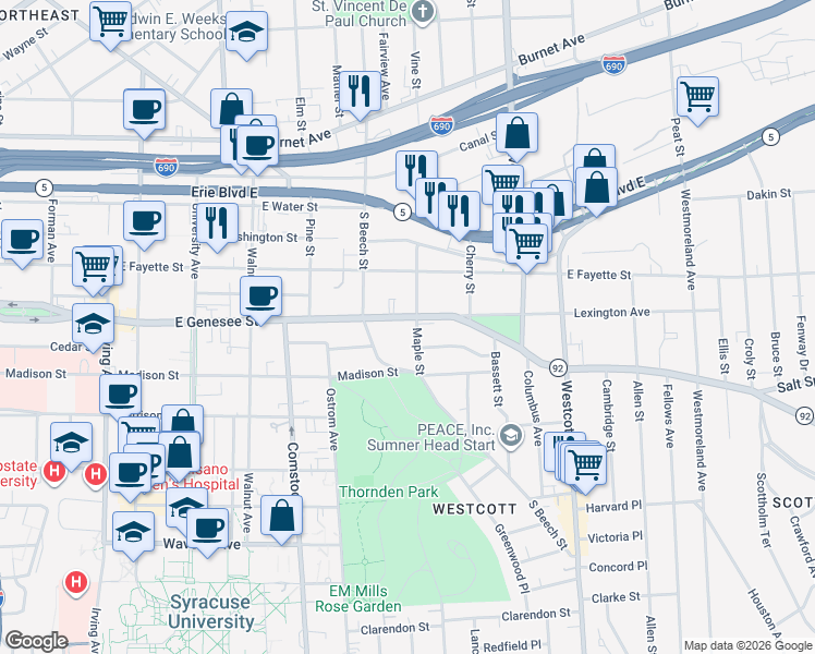 map of restaurants, bars, coffee shops, grocery stores, and more near 1540 East Genesee Street in Syracuse