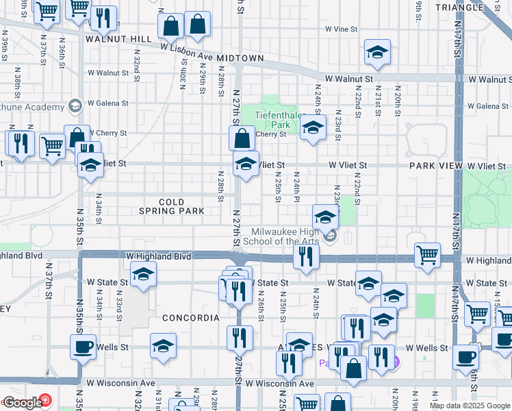 map of restaurants, bars, coffee shops, grocery stores, and more near 1239 North 26th Street in Milwaukee
