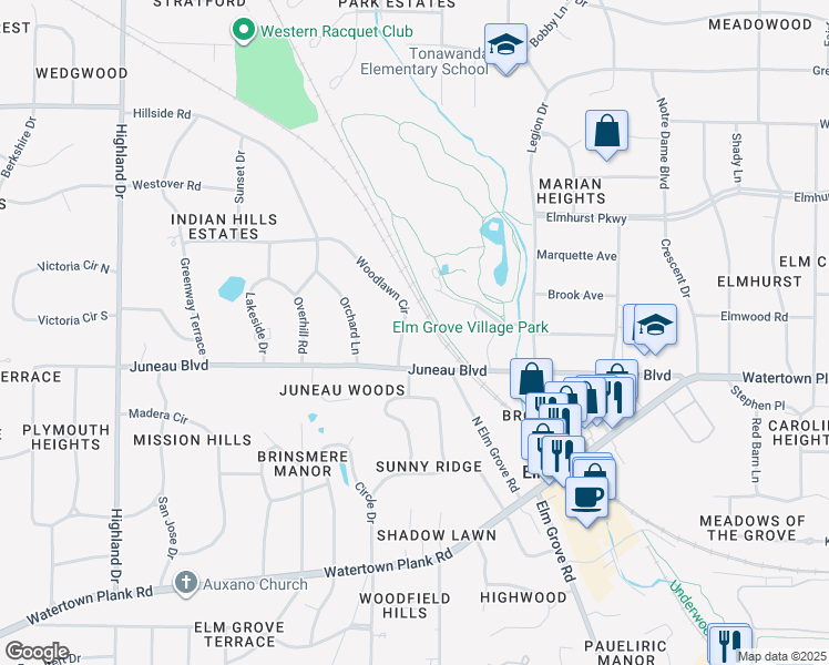 map of restaurants, bars, coffee shops, grocery stores, and more near 1240 Woodlawn Circle in Elm Grove