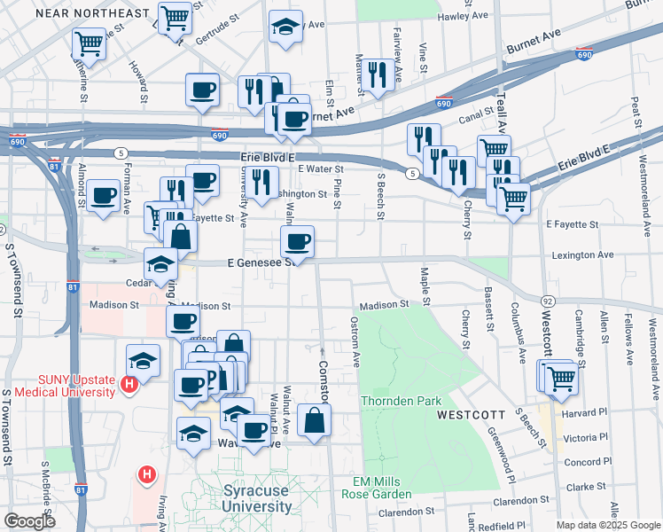 map of restaurants, bars, coffee shops, grocery stores, and more near in Syracuse