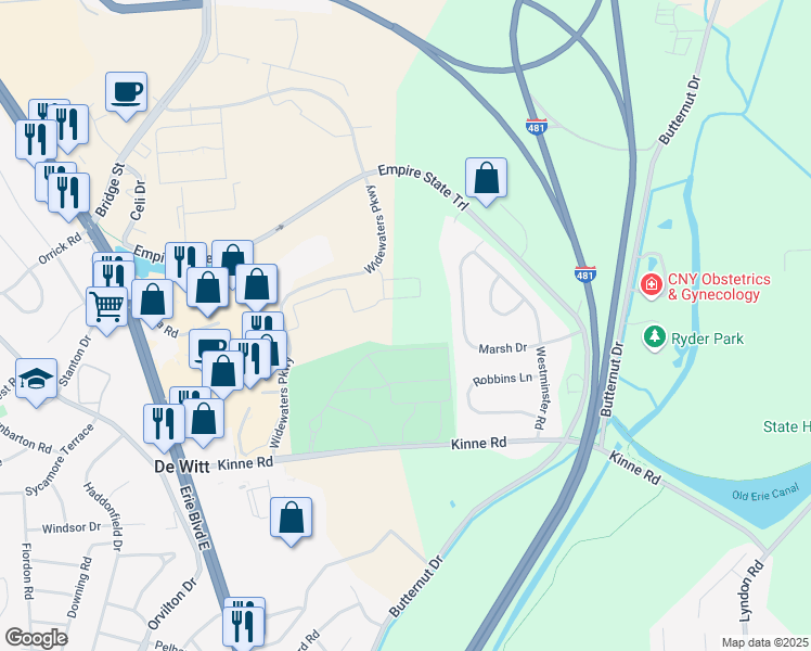 map of restaurants, bars, coffee shops, grocery stores, and more near 5788 Widewaters Parkway in Syracuse