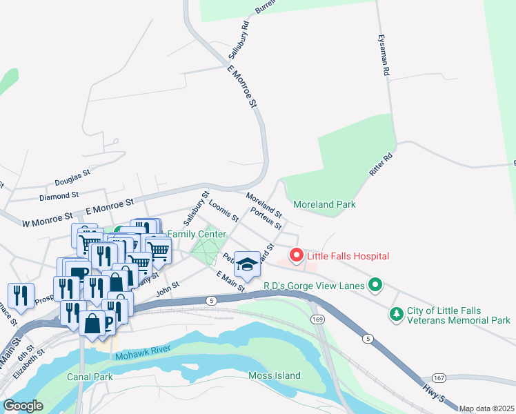 map of restaurants, bars, coffee shops, grocery stores, and more near 12 Porteus Street in Little Falls