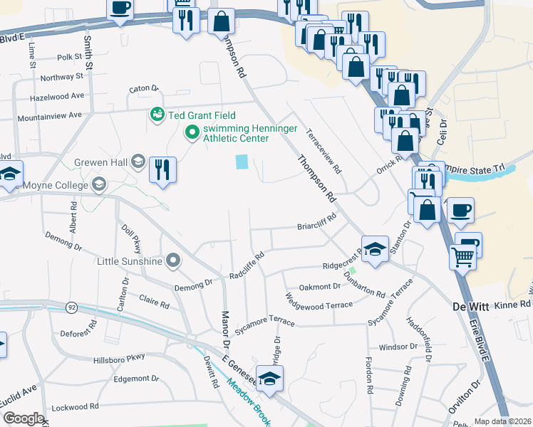 map of restaurants, bars, coffee shops, grocery stores, and more near 402 Revere Road in Syracuse