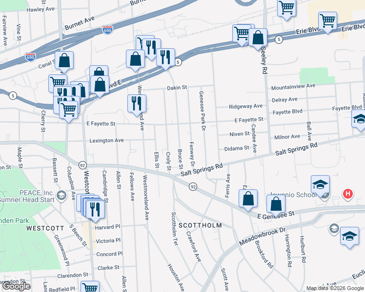 map of restaurants, bars, coffee shops, grocery stores, and more near 338 Bruce Street in Syracuse
