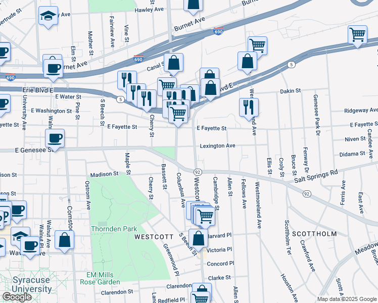 map of restaurants, bars, coffee shops, grocery stores, and more near 208 Lexington Avenue in Syracuse