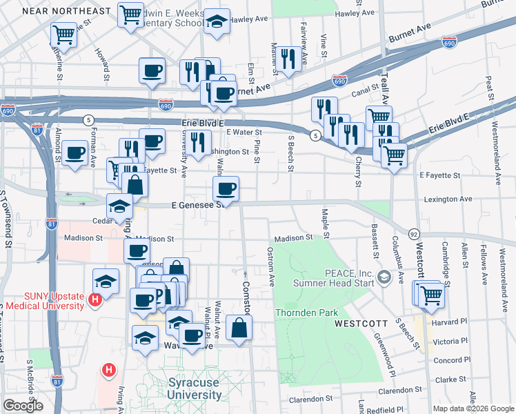 map of restaurants, bars, coffee shops, grocery stores, and more near in Syracuse