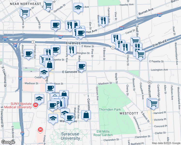 map of restaurants, bars, coffee shops, grocery stores, and more near in Syracuse
