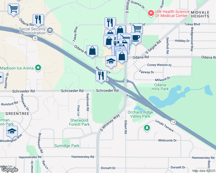 map of restaurants, bars, coffee shops, grocery stores, and more near 5606 Schroeder Road in Madison
