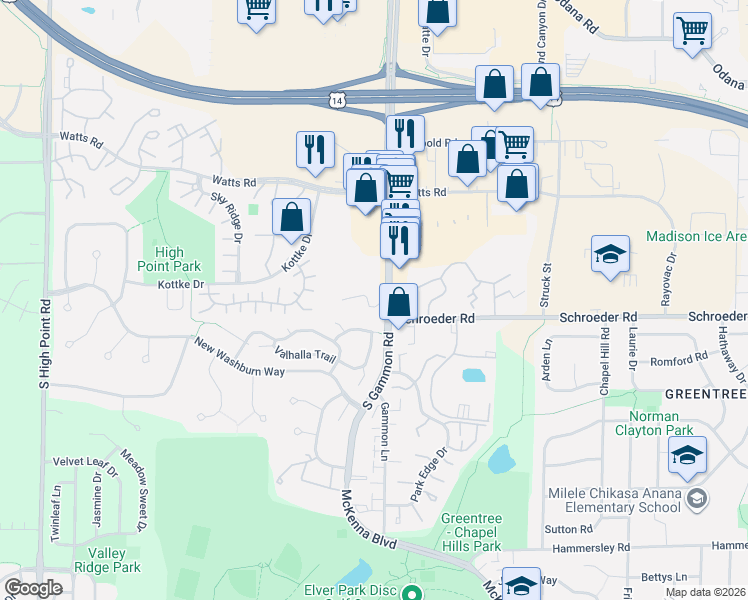map of restaurants, bars, coffee shops, grocery stores, and more near 806 South Gammon Road in Madison