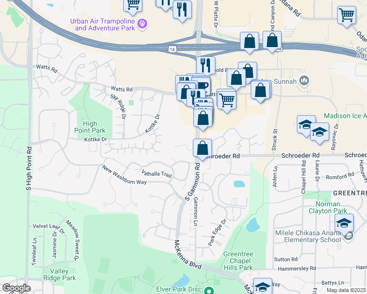 map of restaurants, bars, coffee shops, grocery stores, and more near 838 South Gammon Road in Madison