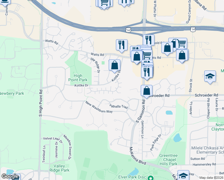 map of restaurants, bars, coffee shops, grocery stores, and more near 7230 East Valley Ridge Drive in Madison