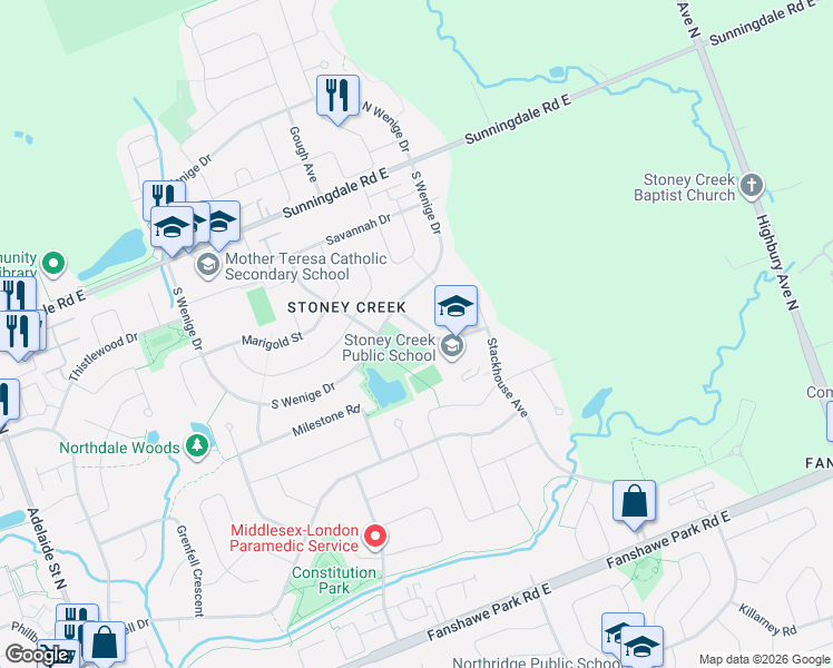 map of restaurants, bars, coffee shops, grocery stores, and more near 1287 Nicole Avenue in London