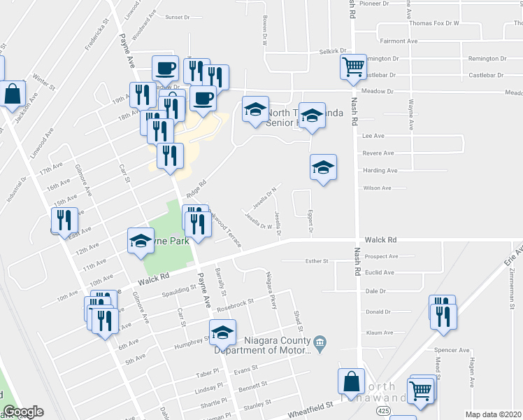 map of restaurants, bars, coffee shops, grocery stores, and more near 21 Jesella Drive North in North Tonawanda