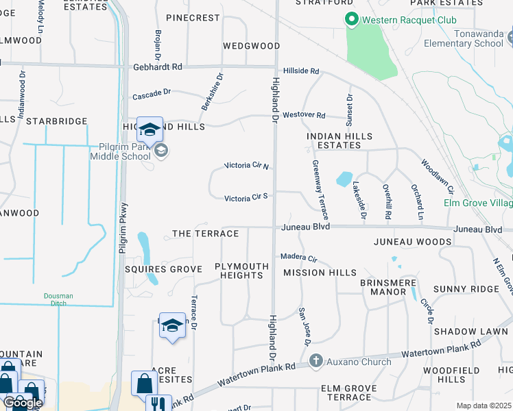 map of restaurants, bars, coffee shops, grocery stores, and more near 1315 Victoria Circle North in Elm Grove