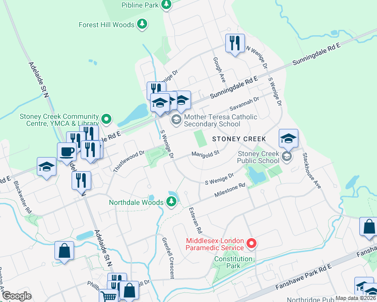 map of restaurants, bars, coffee shops, grocery stores, and more near 872 Marigold Street in London