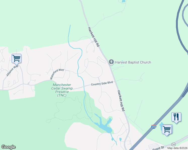 map of restaurants, bars, coffee shops, grocery stores, and more near 131 Village Circle Way in Manchester