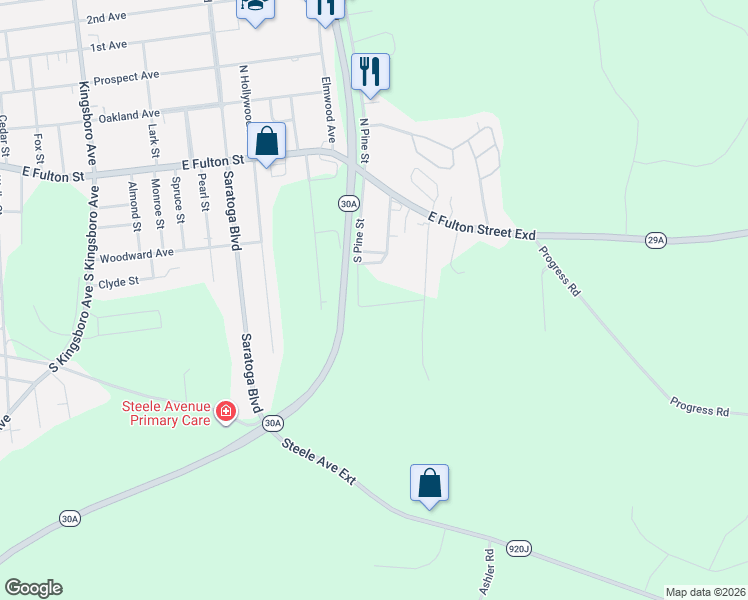map of restaurants, bars, coffee shops, grocery stores, and more near 165 South Pine Street in Gloversville