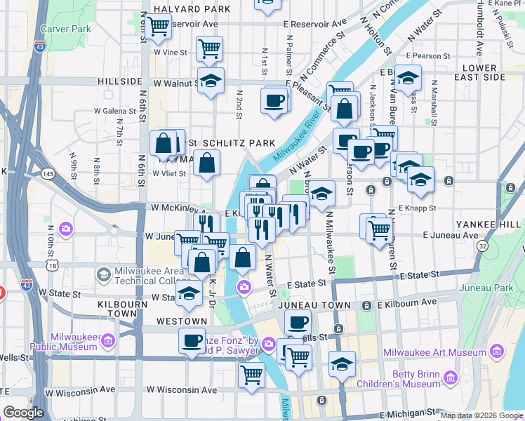 map of restaurants, bars, coffee shops, grocery stores, and more near 121 East Knapp Street in Milwaukee