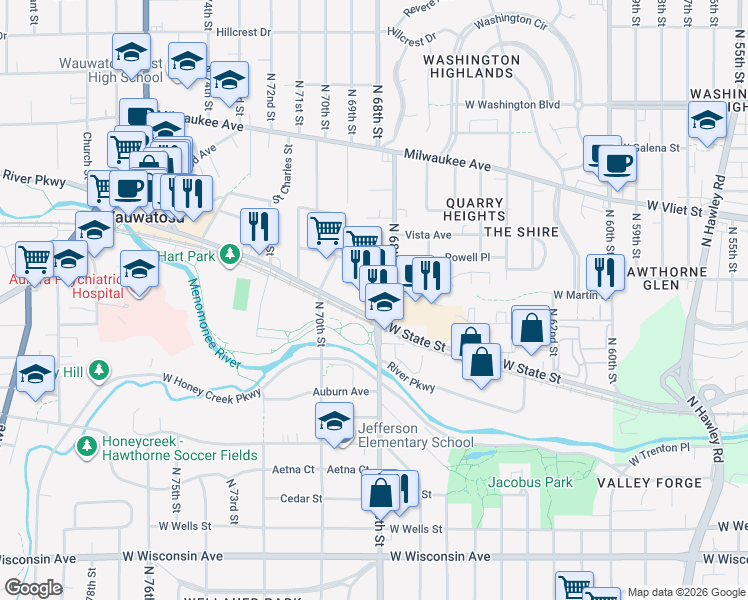 map of restaurants, bars, coffee shops, grocery stores, and more near 6810 West State Street in Wauwatosa