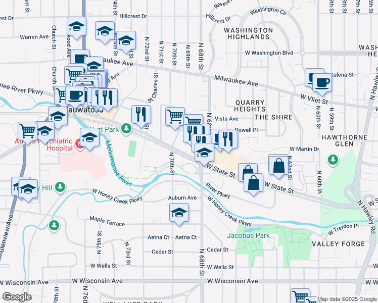 map of restaurants, bars, coffee shops, grocery stores, and more near 6900 W State St in Wauwatosa