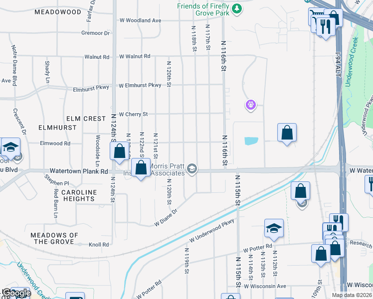 map of restaurants, bars, coffee shops, grocery stores, and more near 1260 North 119th Street in Wauwatosa