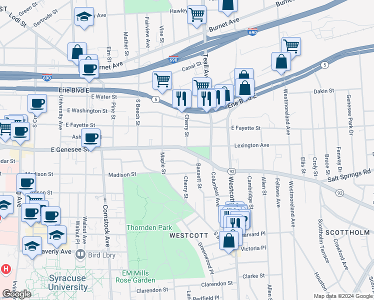map of restaurants, bars, coffee shops, grocery stores, and more near 1700 East Genesee Street in Syracuse