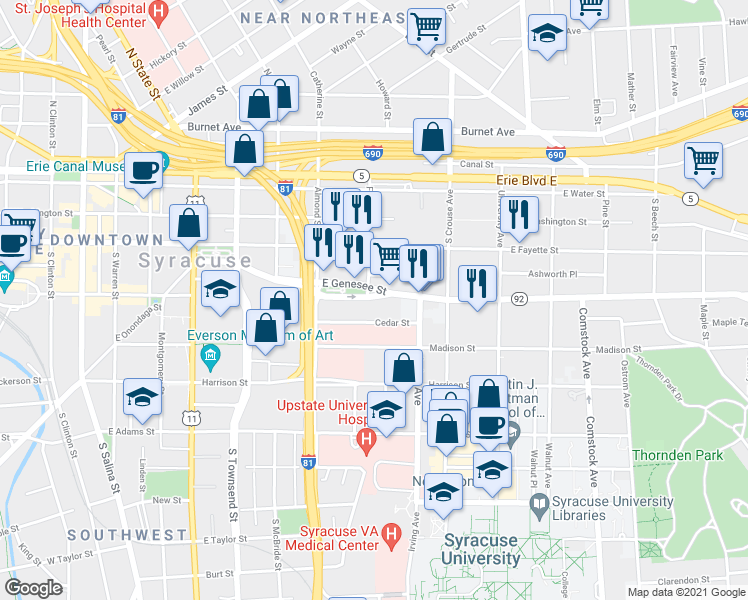 map of restaurants, bars, coffee shops, grocery stores, and more near 800 East Genesee Street in Syracuse