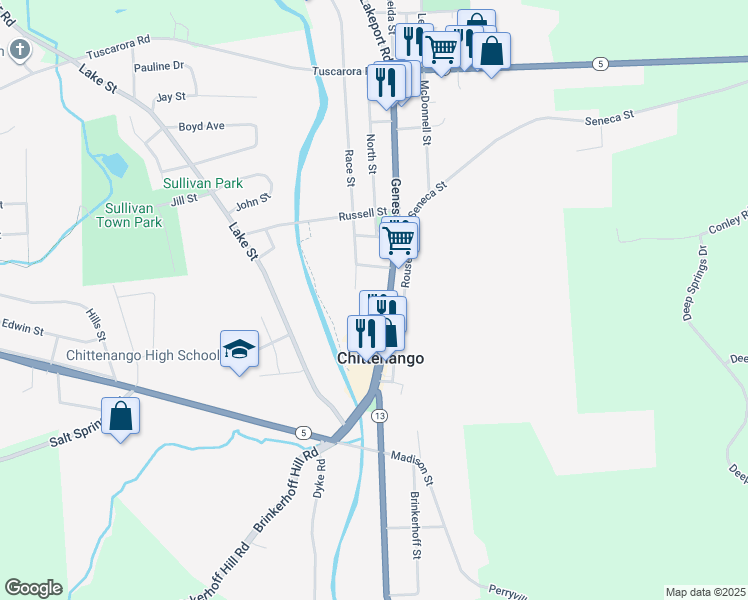 map of restaurants, bars, coffee shops, grocery stores, and more near 287B Genesee Street in Chittenango