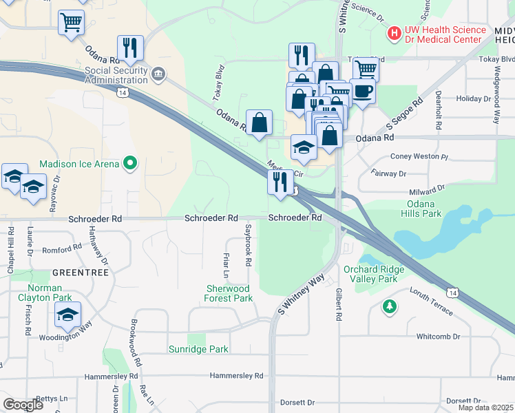 map of restaurants, bars, coffee shops, grocery stores, and more near 50 Schroeder Court in Madison