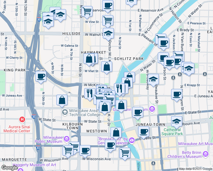 map of restaurants, bars, coffee shops, grocery stores, and more near 1253 North Old World 3rd Street in Milwaukee