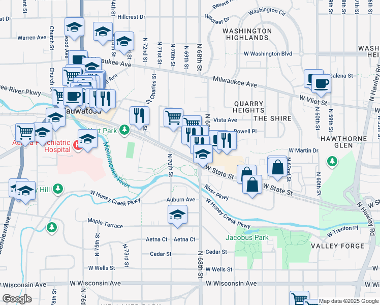 map of restaurants, bars, coffee shops, grocery stores, and more near 6900 West State Street in Milwaukee