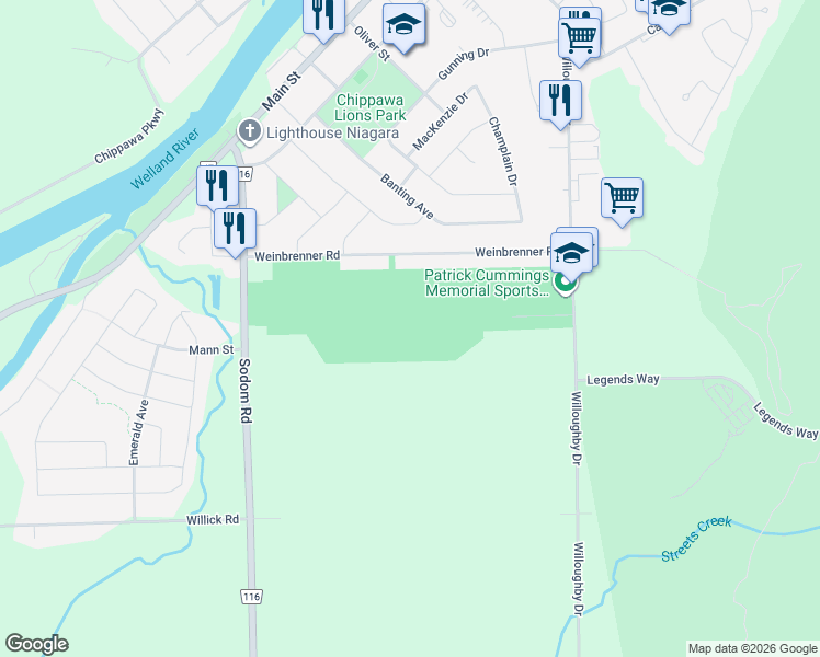 map of restaurants, bars, coffee shops, grocery stores, and more near 8965 Willoughby Drive in Niagara Falls