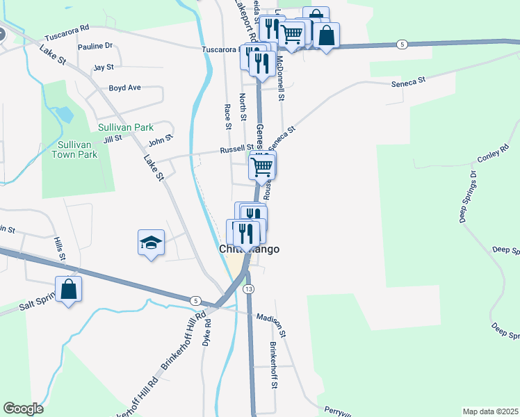 map of restaurants, bars, coffee shops, grocery stores, and more near 284 Genesee Street in Chittenango