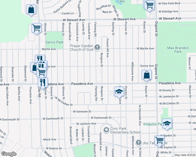 map of restaurants, bars, coffee shops, grocery stores, and more near 3419 Burgess Street in Flint