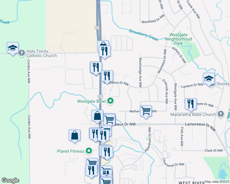 map of restaurants, bars, coffee shops, grocery stores, and more near 4611 Tabor Road Northwest in Comstock Park