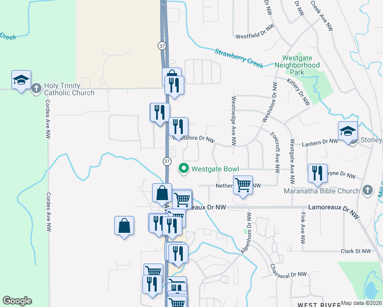 map of restaurants, bars, coffee shops, grocery stores, and more near 4611 Tabor Road Northwest in Comstock Park