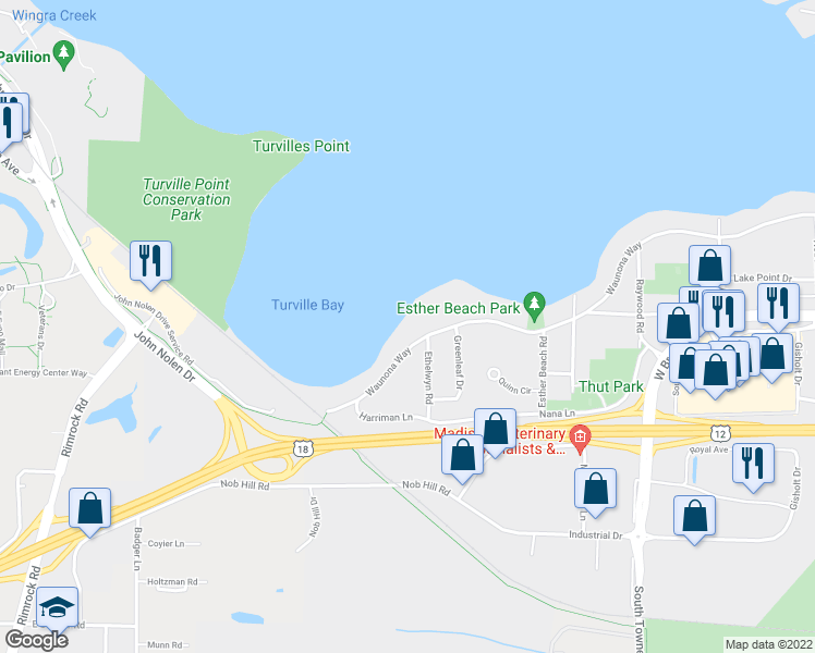 map of restaurants, bars, coffee shops, grocery stores, and more near 3008 Waunona Way in Madison