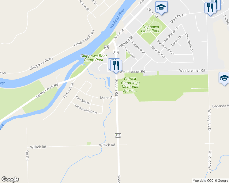 map of restaurants, bars, coffee shops, grocery stores, and more near 9035 Sodom Road in Niagara Falls