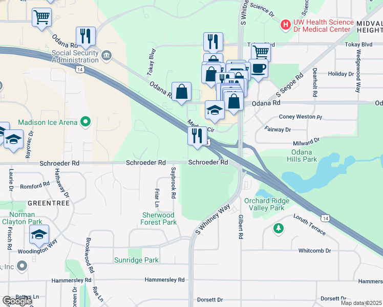map of restaurants, bars, coffee shops, grocery stores, and more near 50 Schroeder Court in Madison